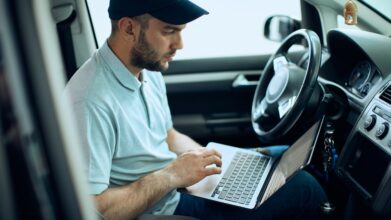 Student taking an online drivers ed course on a laptop in Ottawa, Canada.